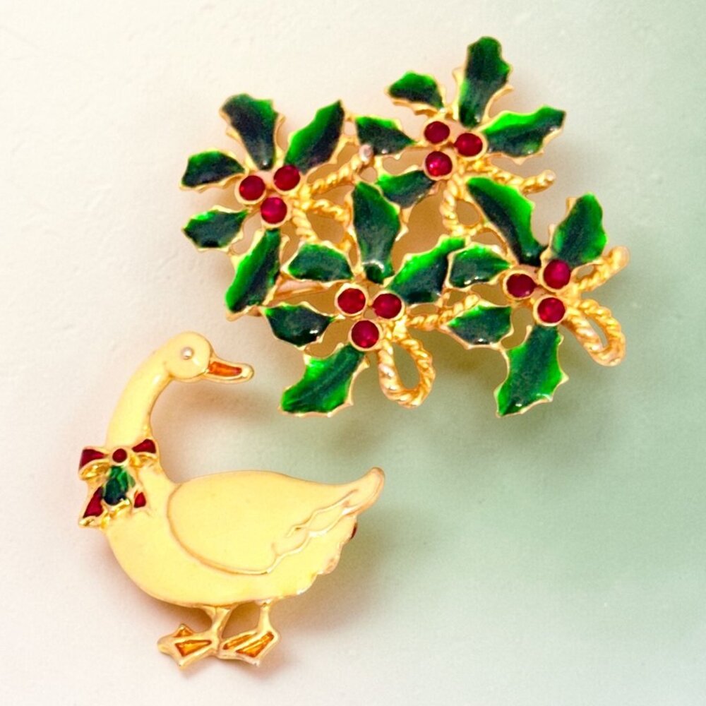 Vintage Christmas Goose and Holly Brooches